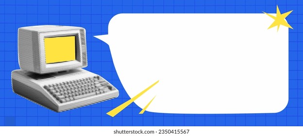 Retro computer banner for email newsletter. You've been sent an e-mail. Vector pop art collage for letter with speech bubble for text. A trendy illustration on blue checkered background 