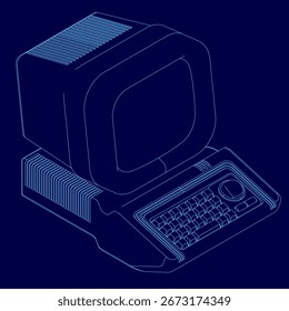 Retro computador com uma tela preta e teclado colocado em um fundo azul vibrante. O monitor clássico apresenta botões laterais e um pouco de sombra sobre o teclado.