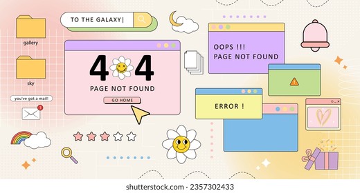 retro computer browser 90s vaporwave style with smile daisy flower. Retrowave pc desktop with 404 error message boxes and popup user interface elements.