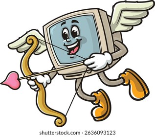 Retro computer character cartoon is becoming cupid