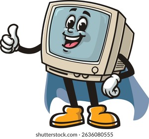 Retro computer character cartoon in caped superhero style
