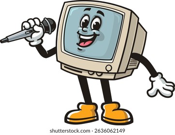 Dibujos animados de personajes de computadora retro con micrófono y canto