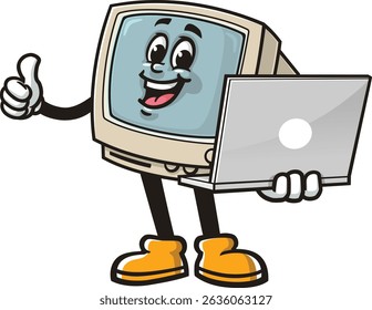 Retro computer character cartoon holding laptop