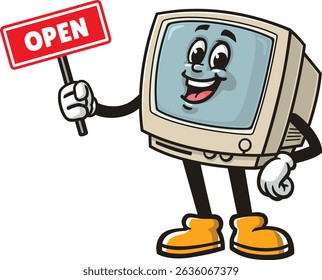 Retro computer character cartoon holding an open sign