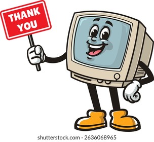 Retro computer character cartoon holding a thank you sign