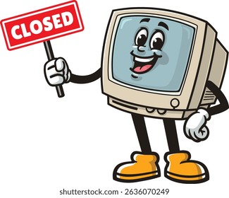 Retro computer character cartoon holding a closed sign
