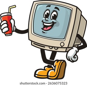 Retro personagem de computador desenho animado segurando refrigerante