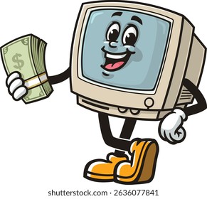 Retro computer character cartoon holding cash