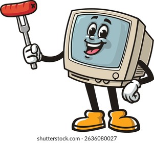 Retro computer character cartoon holding sausage