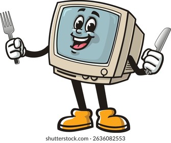 Retro computer character cartoon holding fork and knife