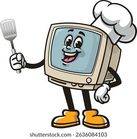 Caricatura de personagem de computador retrô segurando uma espátula e usando um chapéu de chef