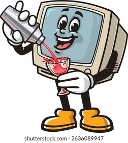 Retro computer character cartoon making cocktail