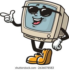Retro computer character cartoon wearing sunglasses