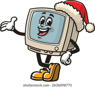 Retro computer character cartoon wearing a Christmas hat