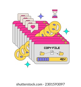 Retro computer chat screen print concept. Cute old desktop messenger interface window with smiling faces and like bubbles. 90s, y2k digital aesthetic. Vintage frame, box, panel for tee design. Vector.