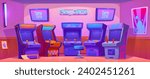 Retro computer club with game machines. Vector cartoon illustration of play zone interior design, old arcade cabinets with buttons and console joystick, 80s vintage pinball equipment, poster on wall