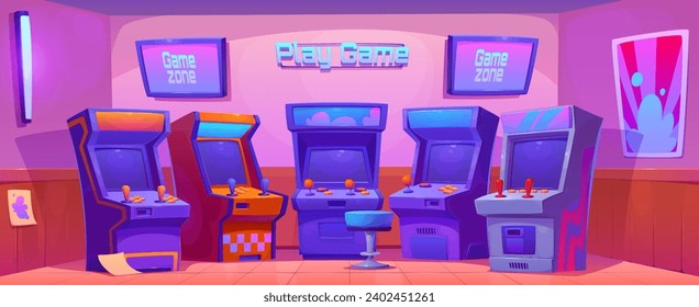 Retro computer club with game machines. Vector cartoon illustration of play zone interior design, old arcade cabinets with buttons and console joystick, 80s vintage pinball equipment, poster on wall