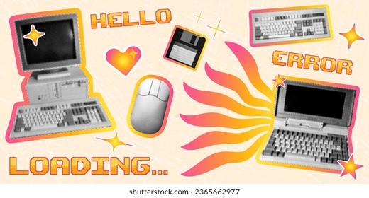 retro computer concept template design with pc laptop keyboard mouse floppy diskette set halftone dotted technology collage elements