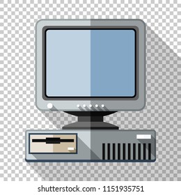 Retro computer with CRT monitor icon in flat style with long shadow on transparent background