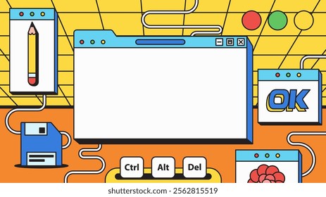 Retro Computer Desktop with Classic UI Elements and Colorful Accents Cartoon Retro illustration hand drawn