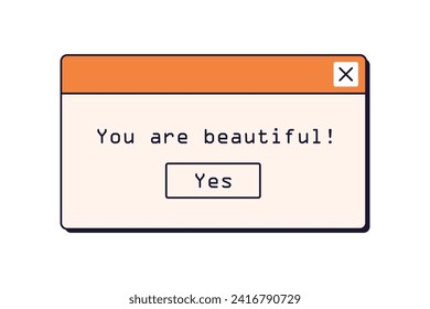 Retro Computer Dialog Fenster mit Kompliment. System Message Box in 90s, Design Style der 00er Jahre. Benutzerfreundliche Schnittstelle, Kommunikationskonzept. Flache grafische Vektorgrafik einzeln auf weißem Hintergrund
