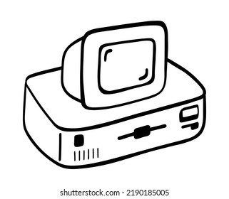 Retro Computer Drawing With Floppy Drive On A White Background. Vector Illustration In Doodle Style