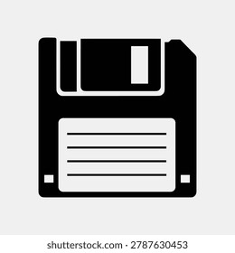 Retro computer floppy disk, data storage symbol, vintage technology, digital archive, black icon.