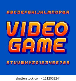 Retro computer game alphabet font. Pixel gradient oblique letters and numbers. 80's arcade video game typography.