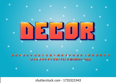 Retro computer game alphabet font. 3D pixel gradient of letters and numbers. Typography of arcade video games of the 80's.