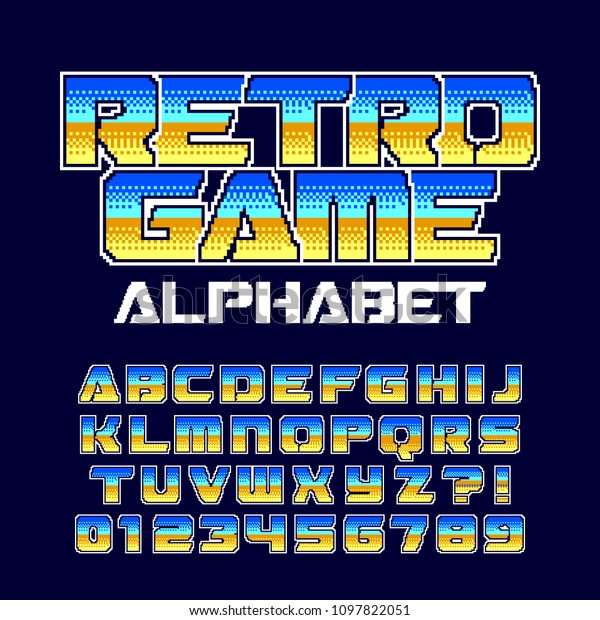 レトロなコンピューターゲームのアルファベットフォント ピクセルのグラデーションの文字と数字 80年代のアーケードゲーム のタイポグラフィ のベクター画像素材 ロイヤリティフリー