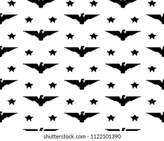 Retro computer game. Black Eagles and Stars on white screen. Vintage pixel art seamless pattern. 