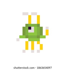 Retro computer game pixel monster on white background flat vector illustration