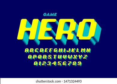 Retro computer game style font design, alphabet letters and numbers vector illustration