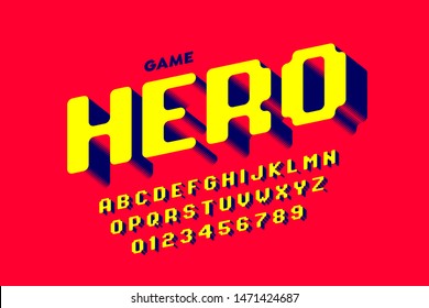 Diseño de tipos de letra, letras alfabéticas y ilustración vectorial de números de estilo de juego de computadora retro