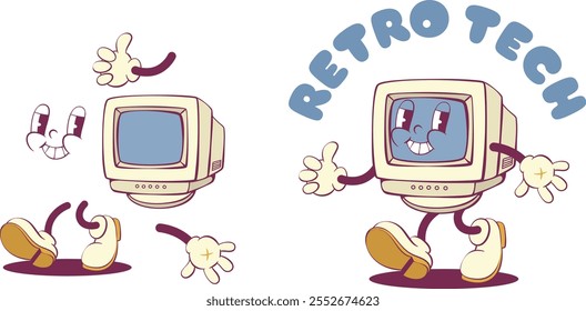 Retro computer groovy character creation kit, vintage PC mascot parts