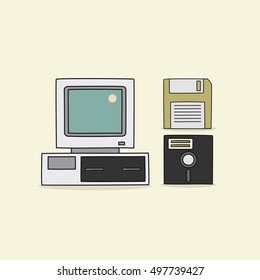 Retro computer hand drawn icon. Vector illustration