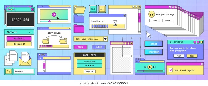 Retro-Computerschnittstelle, Digitalbildschirm mit offenen Softwarefenstern, Buttone, Browser, Ordner, Datei, Ladefortschrittsleiste und Fehlersymbole im trendigen Y2K-Stil. Vaporwave alte Desktop-PC-Design-Elemente.