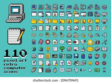 Retro computer interface elements set. Old PC UI icon assets for computer, folder, notepad text document, media laser compact disc, folder, battery, storage, media. 110 isolated items - Shutterstock ID 2096709691