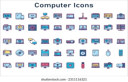 Retro computer interface elements set. Old PC UI icon assets for computer, folder, notepad text document, media laser compact disc, folder, battery, storage, media. 110 isolated items