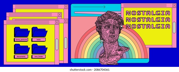 Retro computer interface with many open tabs and window boxes and 3D low poly model of bust sculpture. Vaporwave style vector illustration.