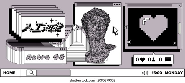 Retro computer interface with many open tabs and window boxes and 3D low poly model of bust sculpture. Vaporwave style vector illustration. Japanese text means "Artificial Intelligence".