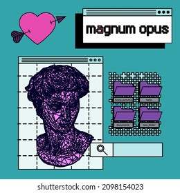 Retro computer interface with many open tabs and window boxes and 3D low poly model of bust sculpture. Vaporwave style vector illustration. 