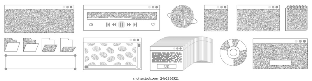 Retro computer interface in y2k style. Windows, player, loading and various PC elements. Vintage aesthetic geometric elements.