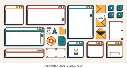 Retro computer interface in y2k style. Windows, disck and various PC elements. Vintage aesthetic geometric elements.
