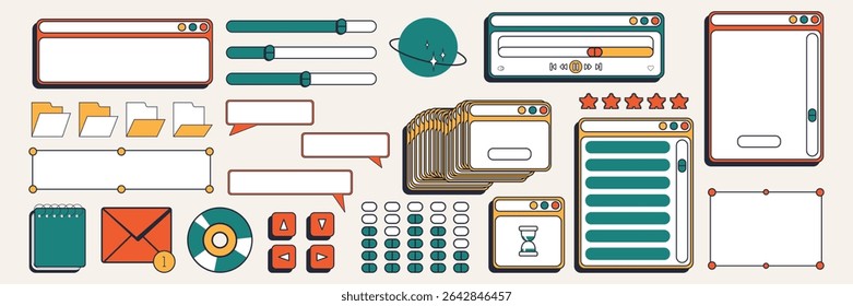 Retro computer interface in y2k style. Windows, disck and various PC elements. Collection of vintage geometric elements.