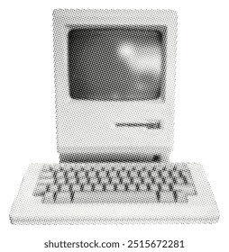 retro computer isolated on white background vintage grunge halftone dotted effect trendy technology collage element for creative mixed media design black white magazine cut-out object pop art style