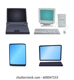 Retro computer item classic antique technology style business personal equipment and vintage pc desktop hardware communication object vector illustration.