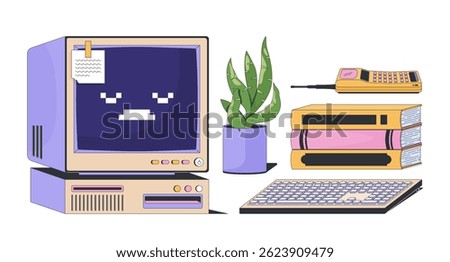 Retro computer keyboard with books, plant and phone 2D cartoon objects set. Vintage monitor, 90s office, oldschool tech isolated elements flat vector clip arts on white. Spot illustrations collection