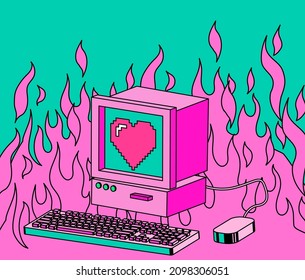 Máquina retro con monitor CRT y teclado y un incendio en el fondo. Ilustración vectorial de estilo vaporwave en colores pastel.