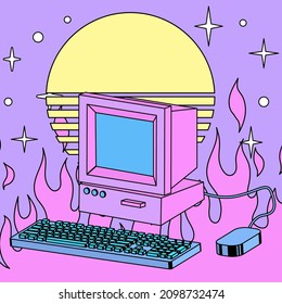 Retro computer machine with a CRT monitor and keyboard and a blaze of fire in the background. Vaporwave style vector illustration in pastel colors.